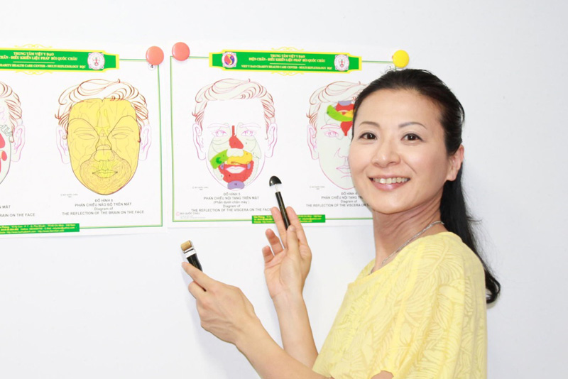 顔のツボや反射区を示した図の前で講義するIMSI学院長の冨野